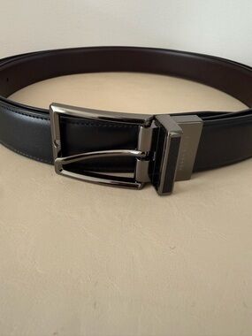 Perry Ellis Black Leather Belt with Gunmetal Buckle